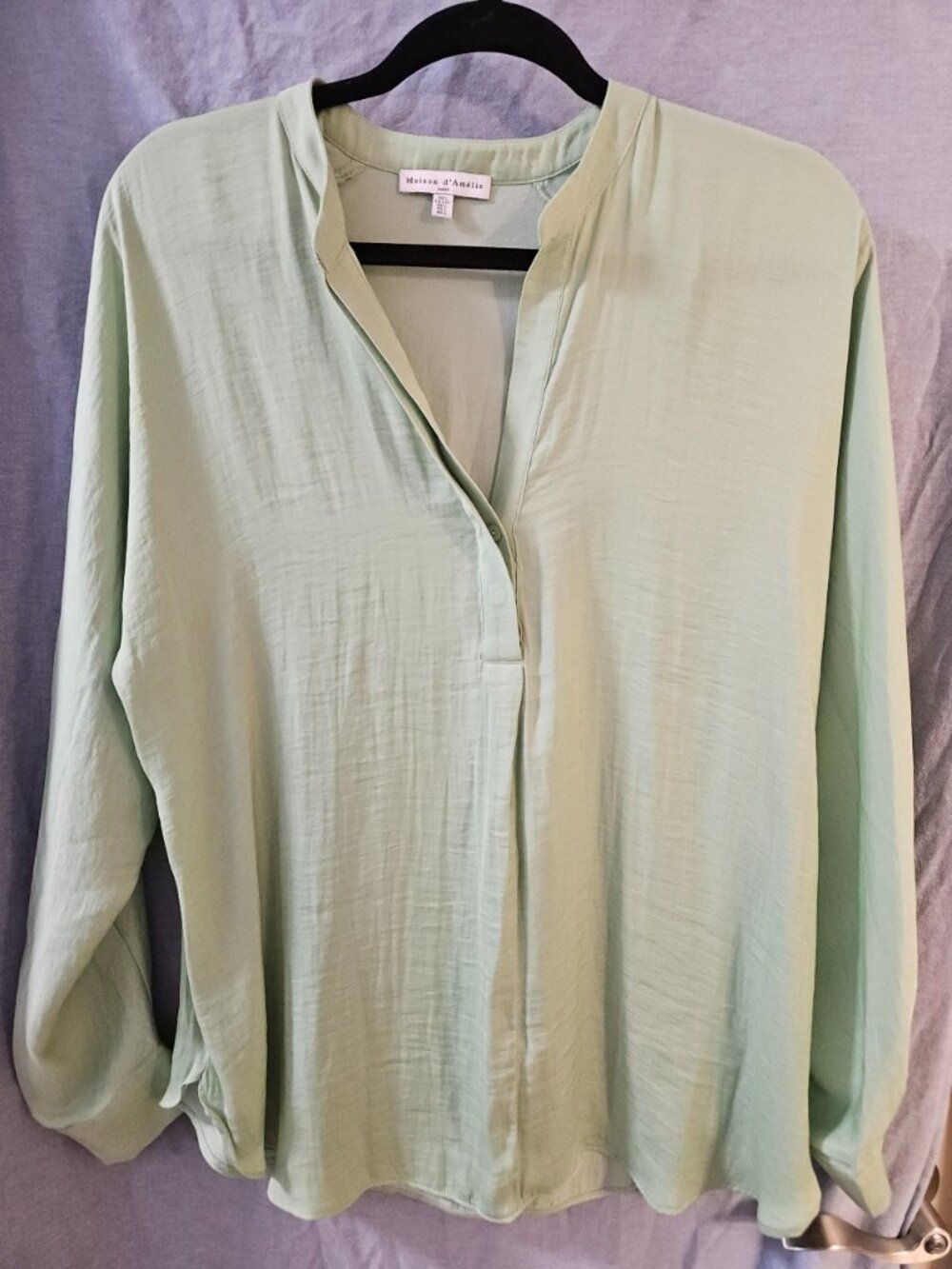 Maison‎ d'Amélie Paris Sage Green Crinkle Satin Split Neck Blouse - Large